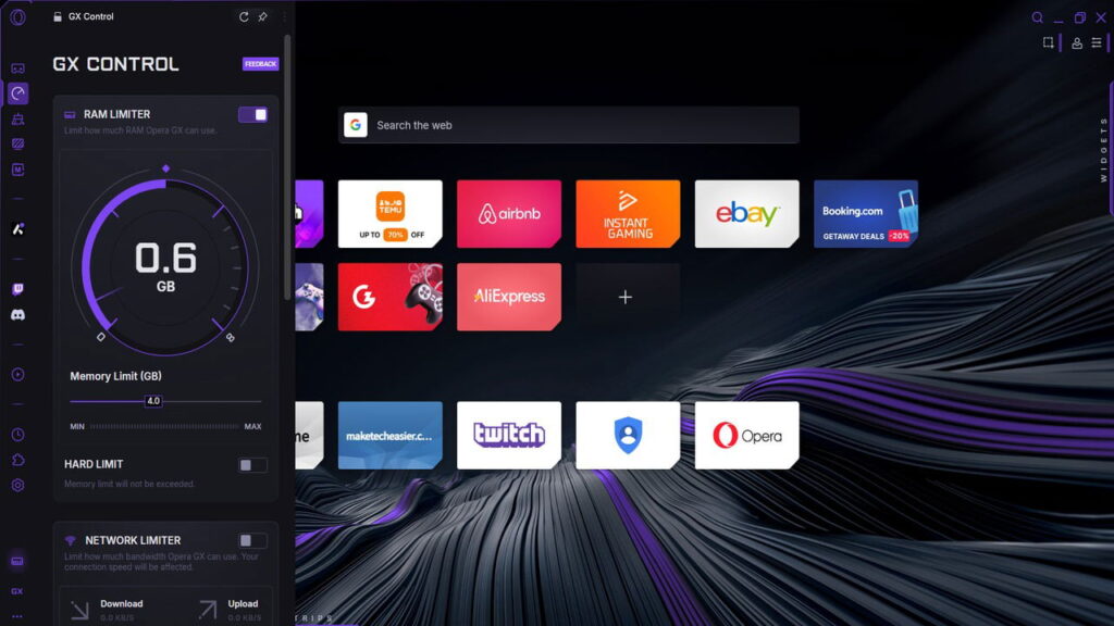 Opera GX new tab with GX Control in the left panel showing RAM status