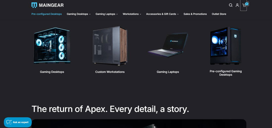 Page d'accueil du site Web de Maingear