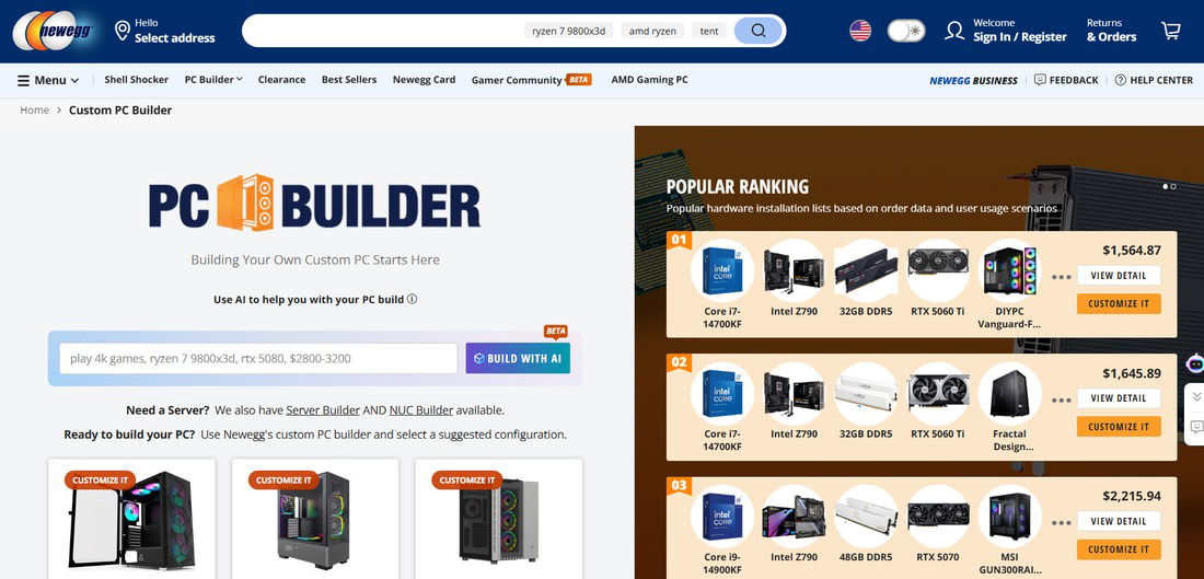 Page d'accueil du site Web de Newegg personnalisé PC PC personnalisé