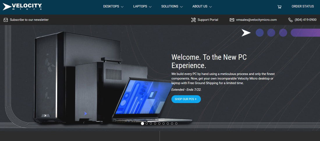 Page d'accueil du site Web Velocity Micro