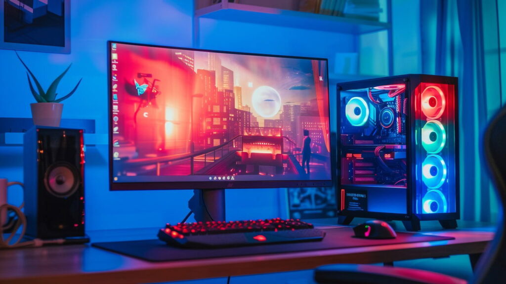 High tech PC setup with monitor and CPU in focus