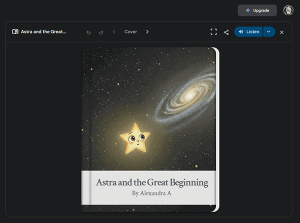 Premier livre de contes créé avec Gemini View sur le Web.