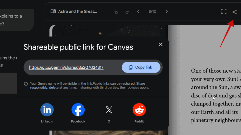 Partage de lien vers le livre de contes dans Gemini sur le Web.