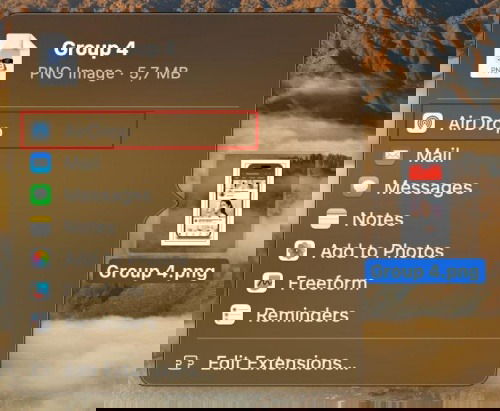 Sélection de l'option Airdrop dans le menu contextuel pour le fichier sur Mac.