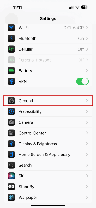 Accéder aux paramètres généraux sur iPhone.