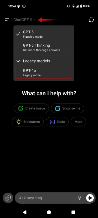 Passer au modèle GPT plus ancien dans l'application Chatgpt.
