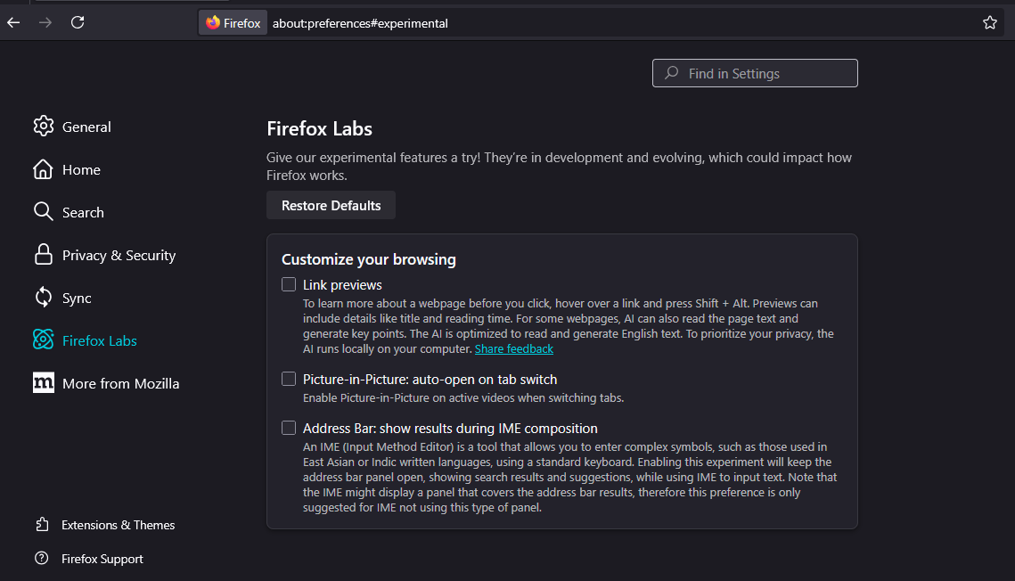 Firefox Labs désactive toutes les caractéristiques de l'IA