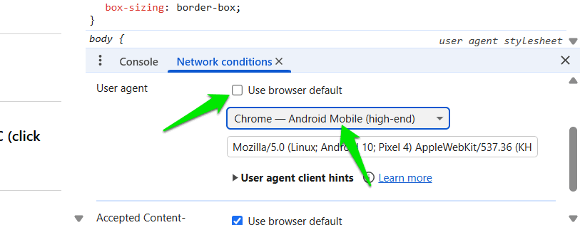Modification de l'agent utilisateur dans les options de développeur Chrome