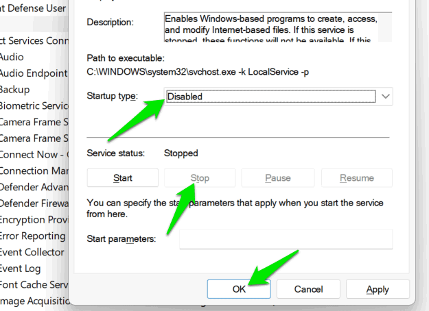 Désactivation de l'application WebClient dans les services