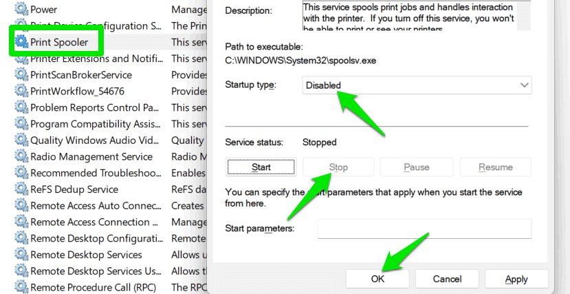 Désactivation de l'application de SERVICEUR IN PRINT dans l'application de services