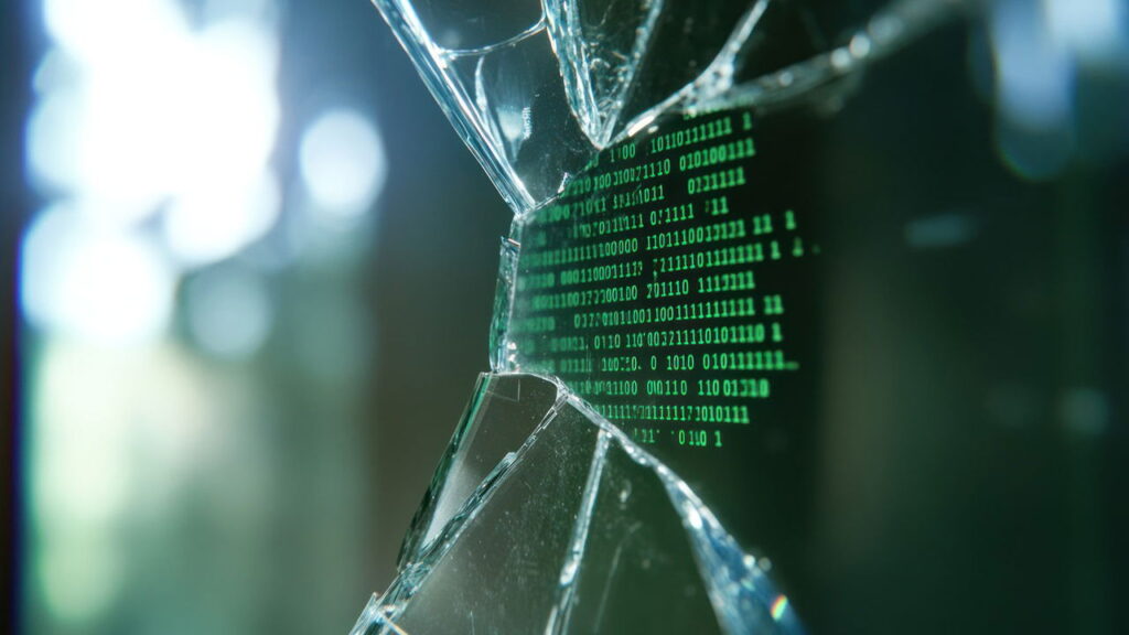 Broken glass with code on it showing vulnerability