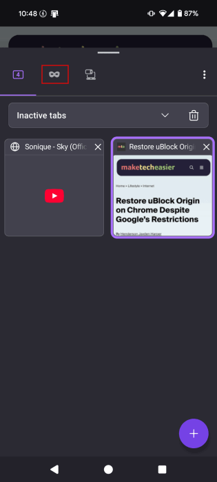 Passer à l'onglet privé dans Firefox pour Android.