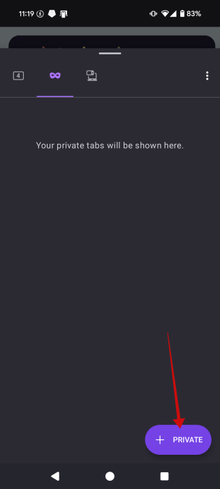 Appuyant sur un bouton privé dans Firefox pour Android.