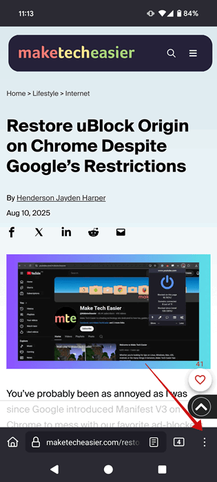 Appuyant sur trois points dans Firefox pour Android.