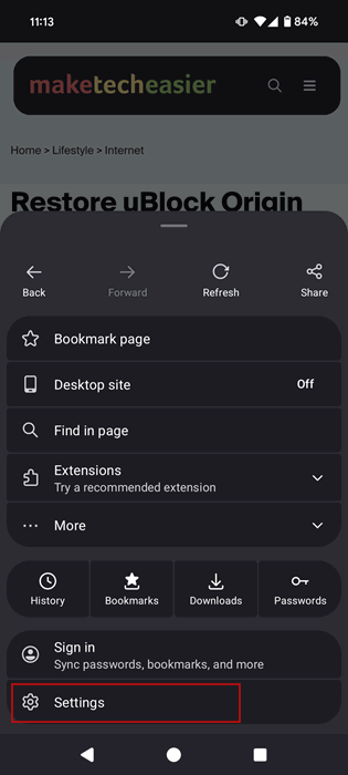 Sélection de l'option Paramètres dans Firefox pour Android.