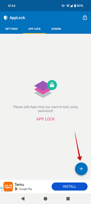 Tappant sur le bouton + dans Applock pour ajouter une nouvelle application à Vault.