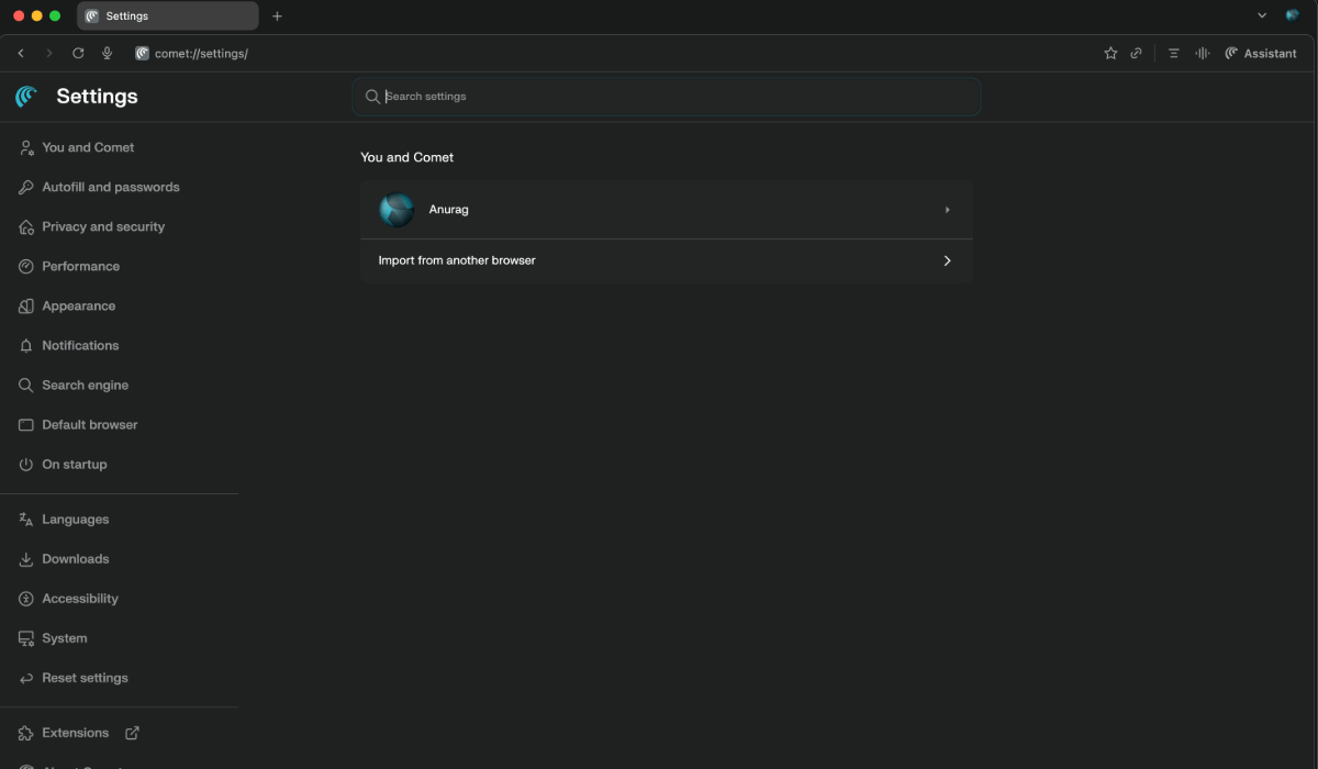 Paramètres de comète montrant une interface de type chrome