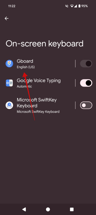 Appuyant sur l'option GBORD dans les paramètres Android.