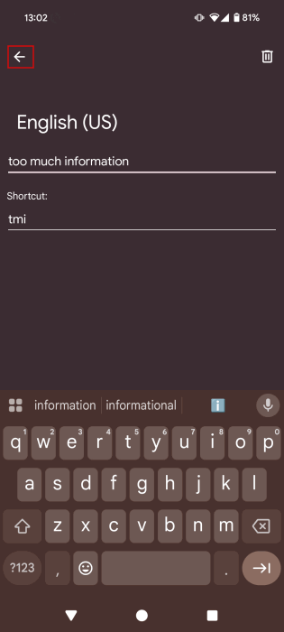 Création d'un nouveau raccourci de texte pour GBORD sur Android.