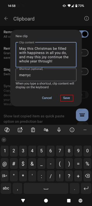 Création d'un nouveau raccourci de texte dans l'application SwiftKey.