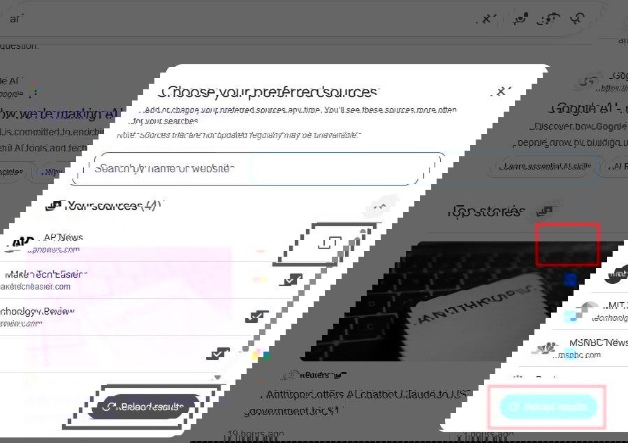 Suppression d'une source de sources préférées dans la recherche Google.