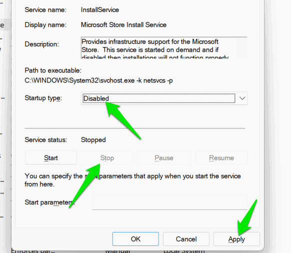 Désactivation de l'installation de services dans les services Windows