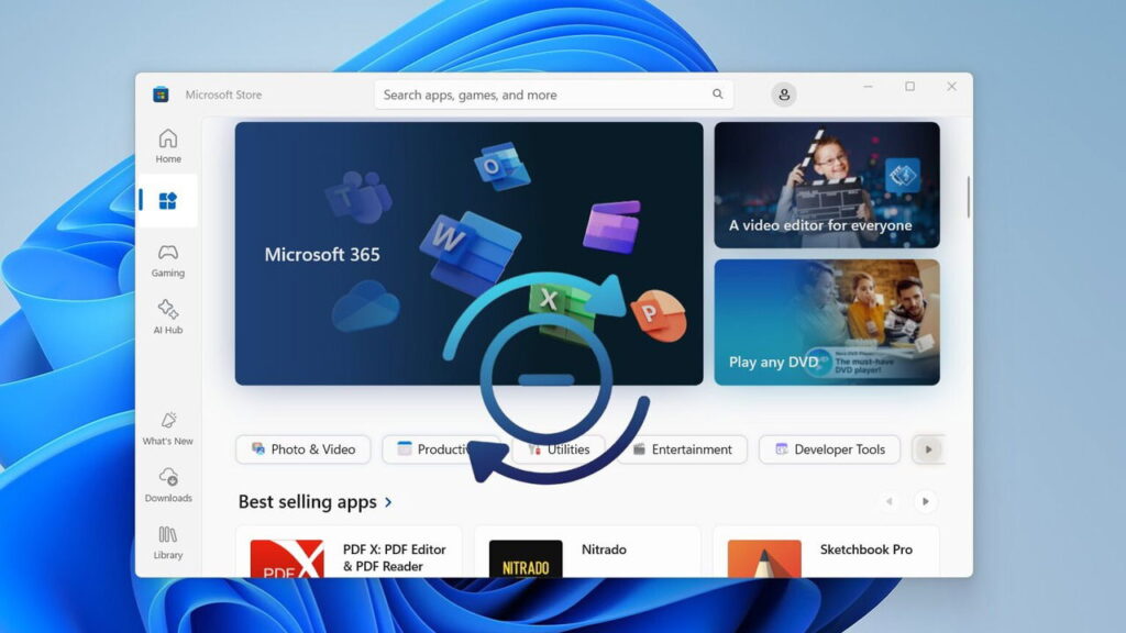 Microsoft Store opened in Windows 11 with an update block icon in middle