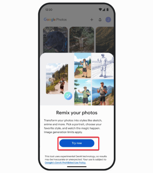 Appuyez sur essayer maintenant Remix Google Photos