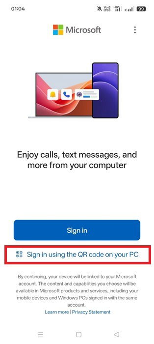 Connectez-vous à l'aide d'un code QR sur PC sur le lien vers l'application Windows.
