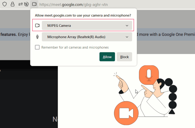 Activation de la caméra MJPEG dans l'application de vidéoconférence dans Windows.