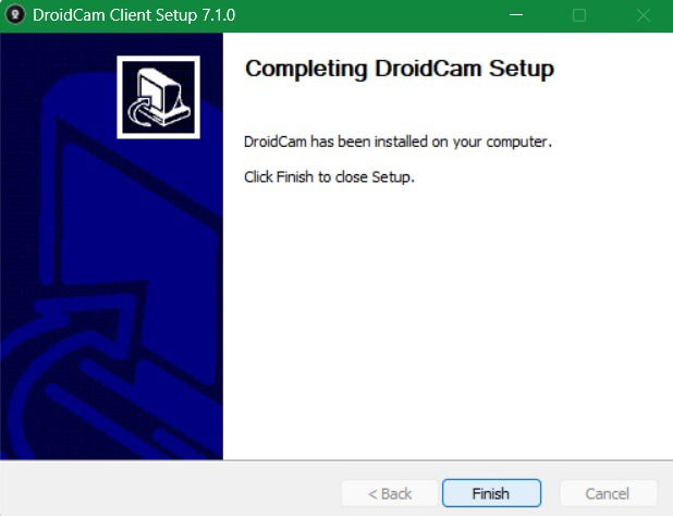 Finition de la configuration DroidCam sur l'appareil Windows 11.