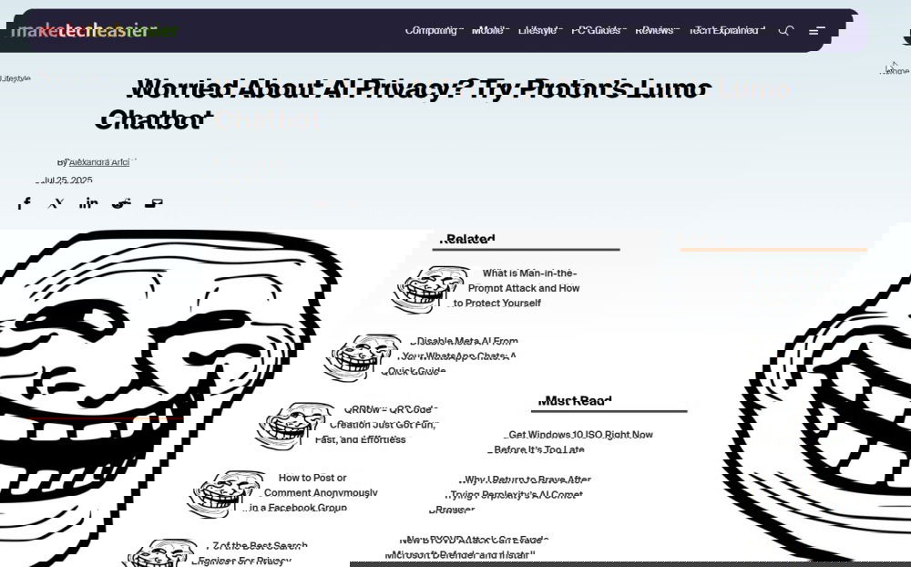 Page Web avec extension Trollface Everywhere appliquée.