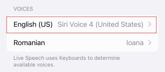 Appuyant sur la voix par défaut pour un discours en direct sur iPhone.