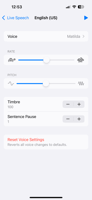 Ajustement de la nouvelle voix pour un discours en direct sur iPhone.