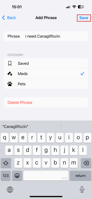 Création d'une nouvelle phrase pour un discours en direct sur iPhone.