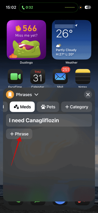 Voir des phrases enregistrées dans l'interface utilisateur de discours en direct sur iPhone.