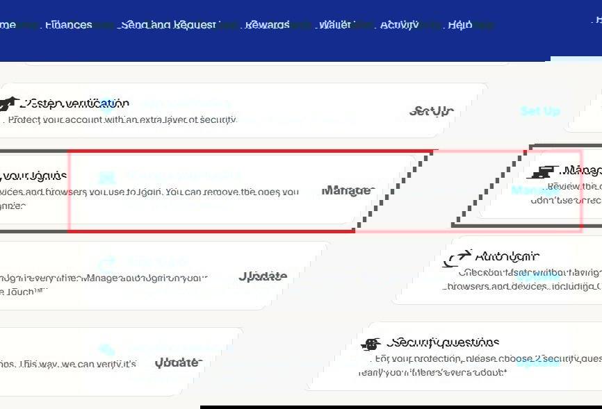 Gestion des connexions dans PayPal.