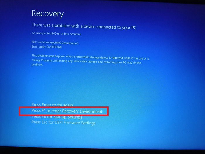 BSOD Crash Simulation lors d'un redémarrage menant à un environnement de récupération en mode Winre.