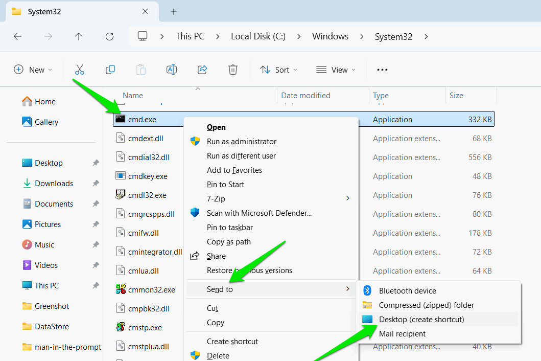 Création du raccourci de bureau de CMD.exe dans Fichier Explorer