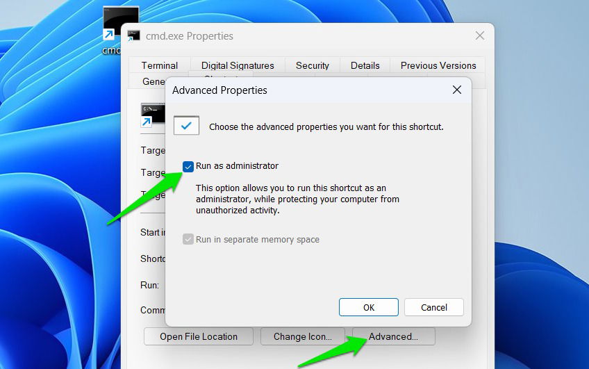 Propriétés cmd.exe avec des options avancées ouvertes