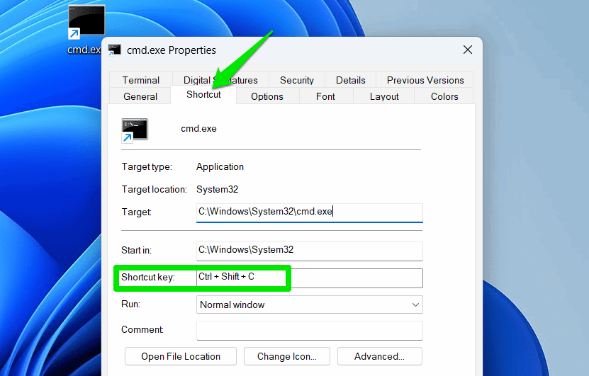 attribution de raccourci à cmd.exe