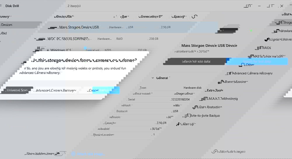 Démarrage d'une analyse pour une carte SD.