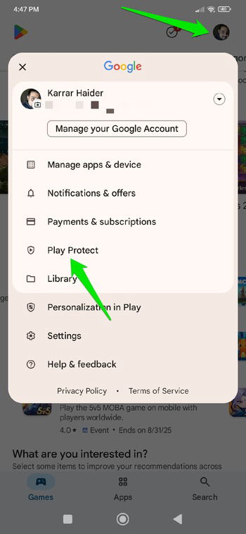 Jouer à l'option Protect dans le menu Google Play Store