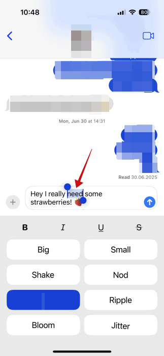 Application d'un seul effet sur le texte dans l'application Messages sur iPhone.