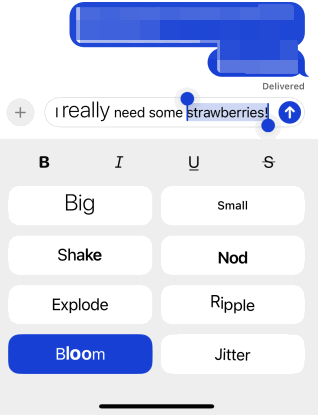 Texte avec plusieurs animations dans l'application Messages sur iPhone.