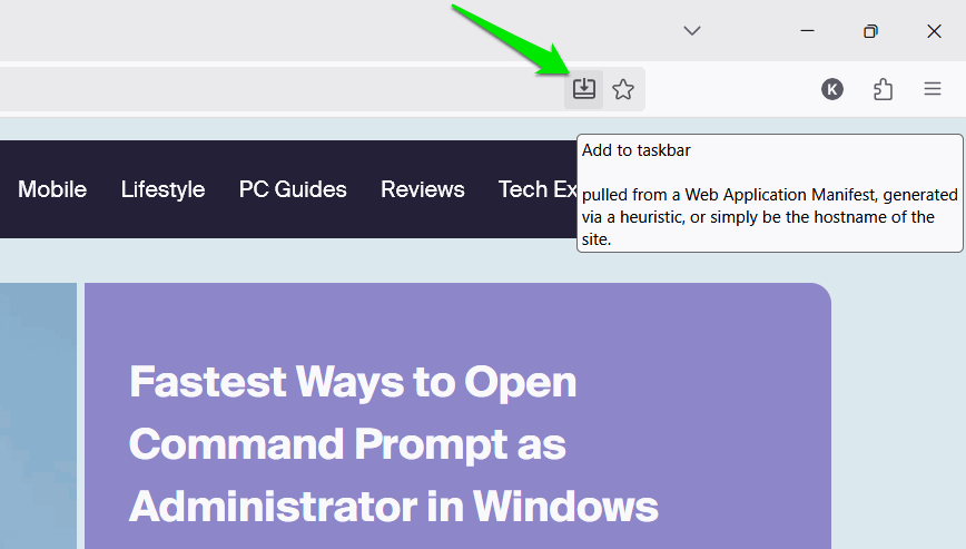 Ajout de maketecheasier à la barre des tâches dans Firefox