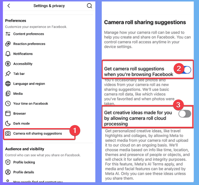 Éteignez les suggestions de balayage de rouleau cameral facebook