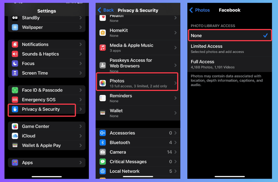 Révoquer l'accès Facebook aux médias et à la caméra iOS