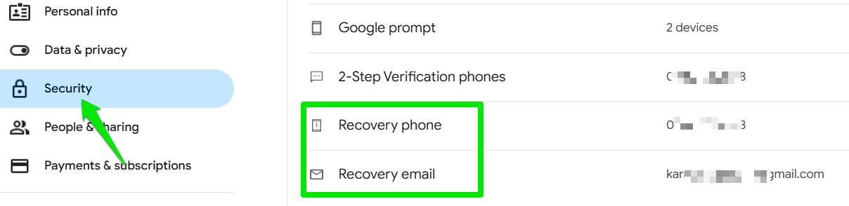 Options de récupération de compte Google