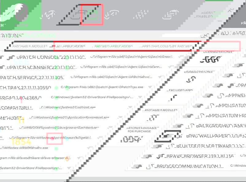 Affichage des applications disponibles sur le correctif.